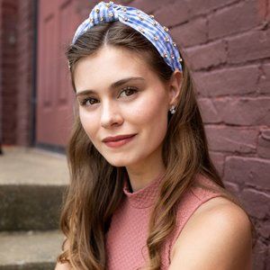 Blue Gingham Top Knot Headband w/ Rhinestones